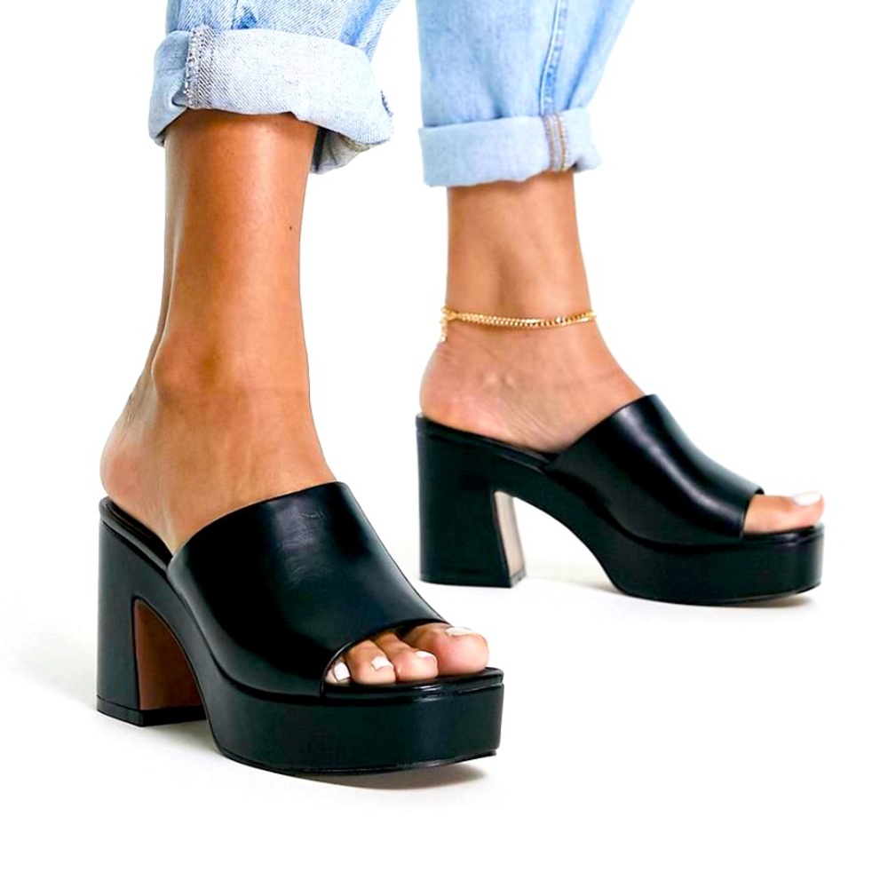 ASOS 90’s Black Platform Leather-Look Mules - Size 9